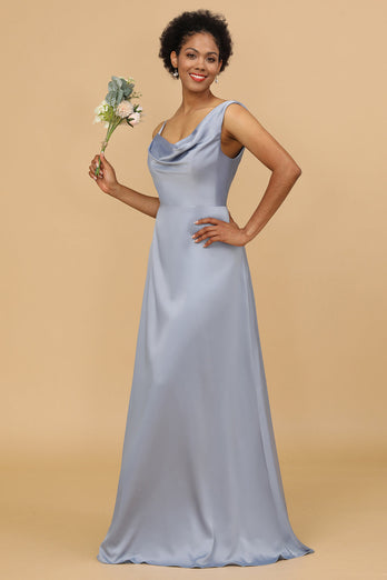 Une ligne à col asymétrique Gris Bleu Satin Long Robe demoiselle d’honneur