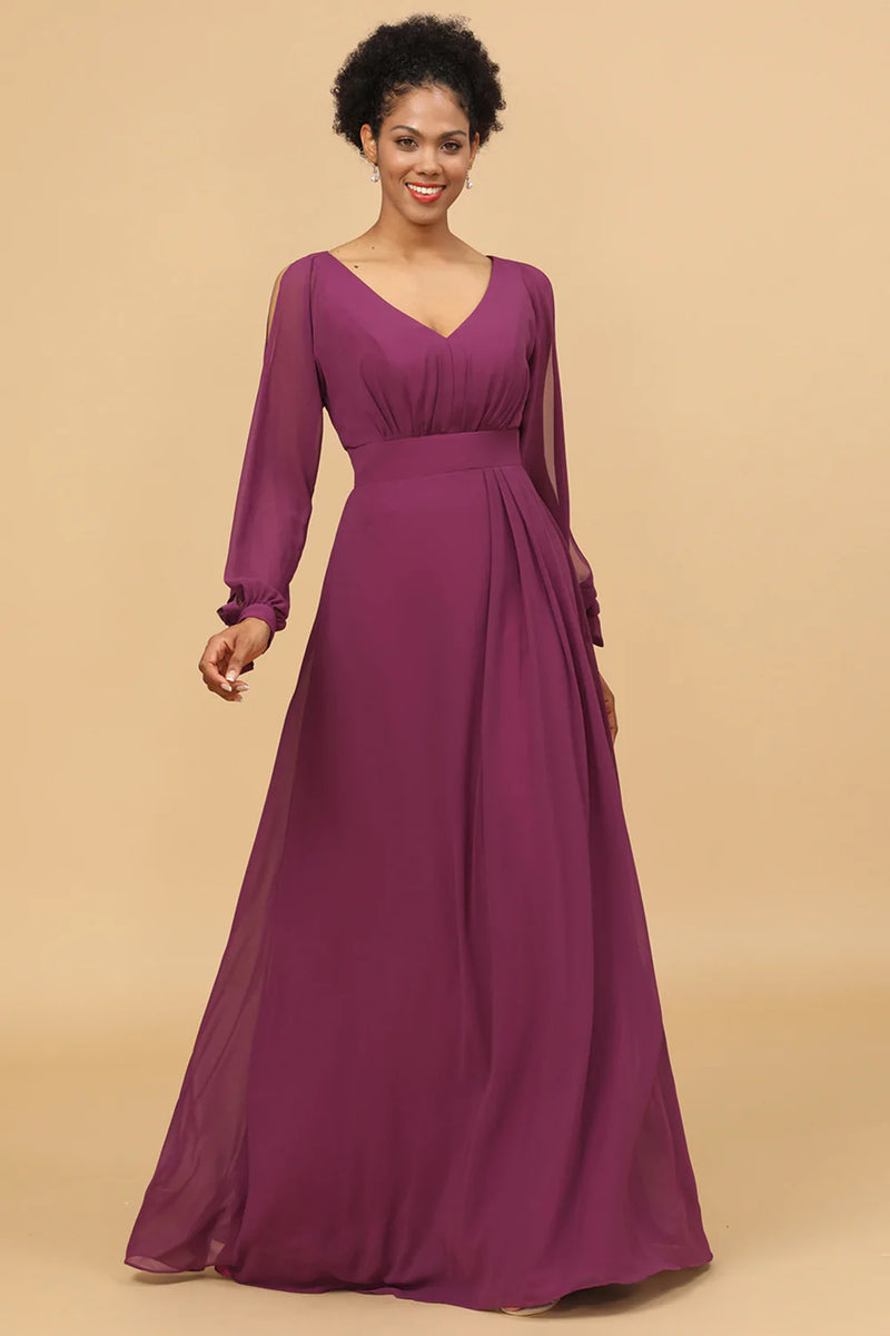 Charger l&#39;image dans la galerie, Robe de demoiselle d’honneur à manches longues violettes à épaules froides