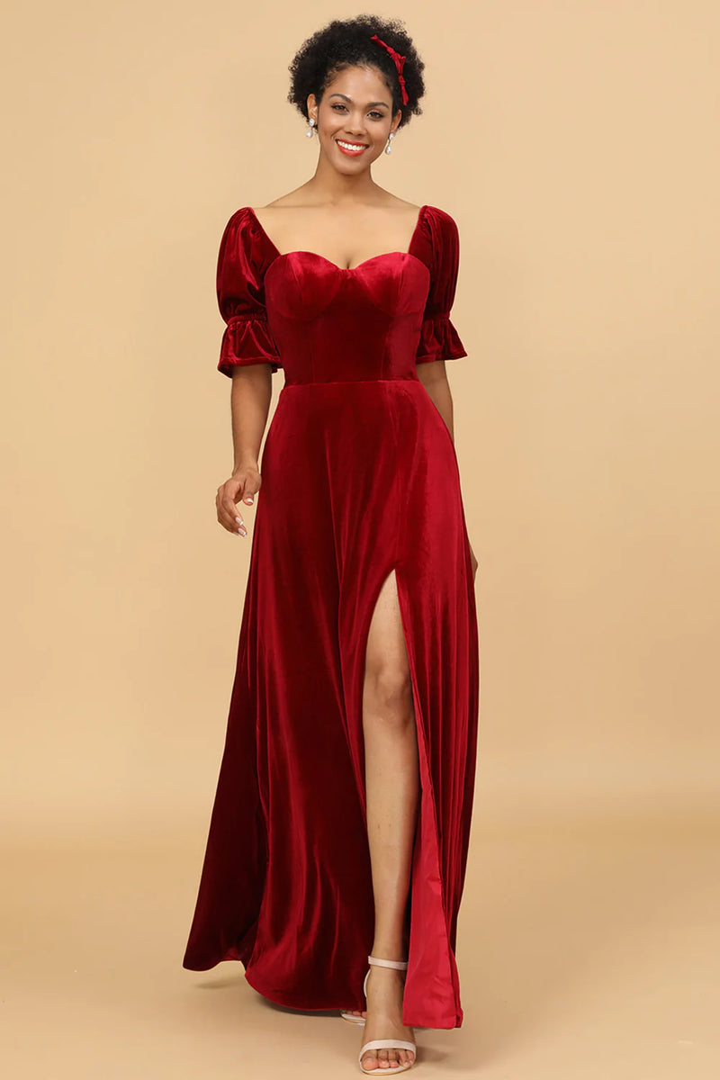 Charger l&#39;image dans la galerie, Robe de demoiselle d’honneur à demi-manches en velours rouge avec fente
