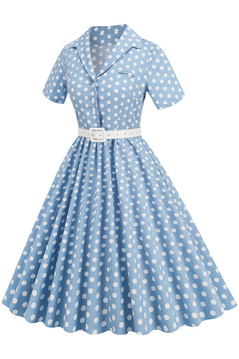 Hepburn Style V Col Blue Polka Dots 1950s Robe