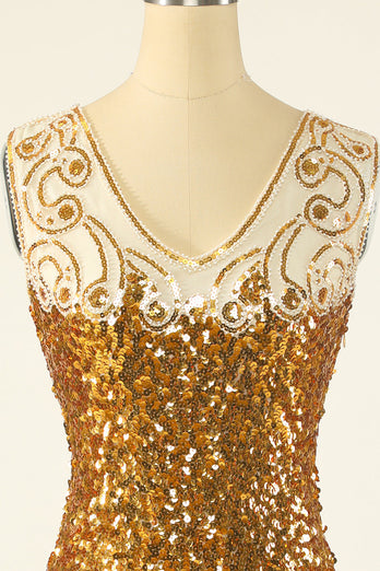 Golden Sequins V-Neck 1920s Flapper Robe Flapper