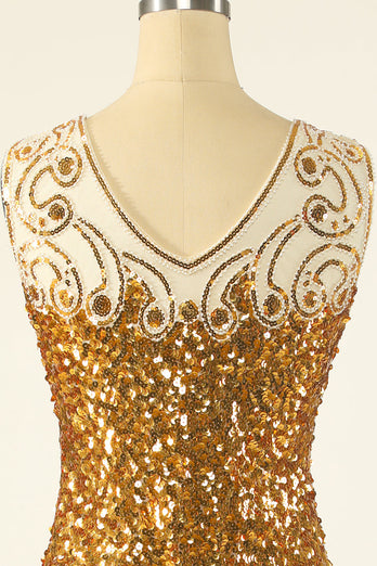 Golden Sequins V-Neck 1920s Flapper Robe Flapper