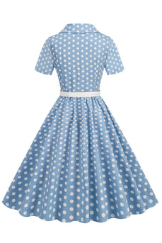Hepburn Style V Col Blue Polka Dots 1950s Robe