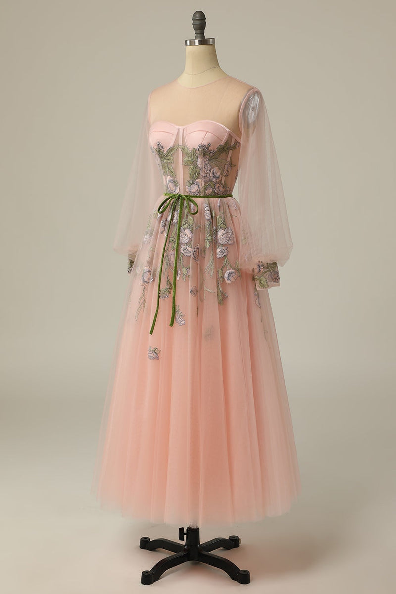 Charger l&#39;image dans la galerie, Une ligne Jewel Light Nude Long Prom Robe de bal avec broderie