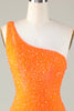 Charger l&#39;image dans la galerie, Paillettes Une épaule Orange Perle Moulante Robe courte de cocktail