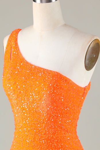 Paillettes Une épaule Orange Perle Moulante Robe courte de cocktail