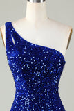 Paillettes Une épaule Royal Blue Tight Perling Robe courte Cocktail