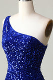 Paillettes Une épaule Royal Blue Tight Perling Robe courte Cocktail
