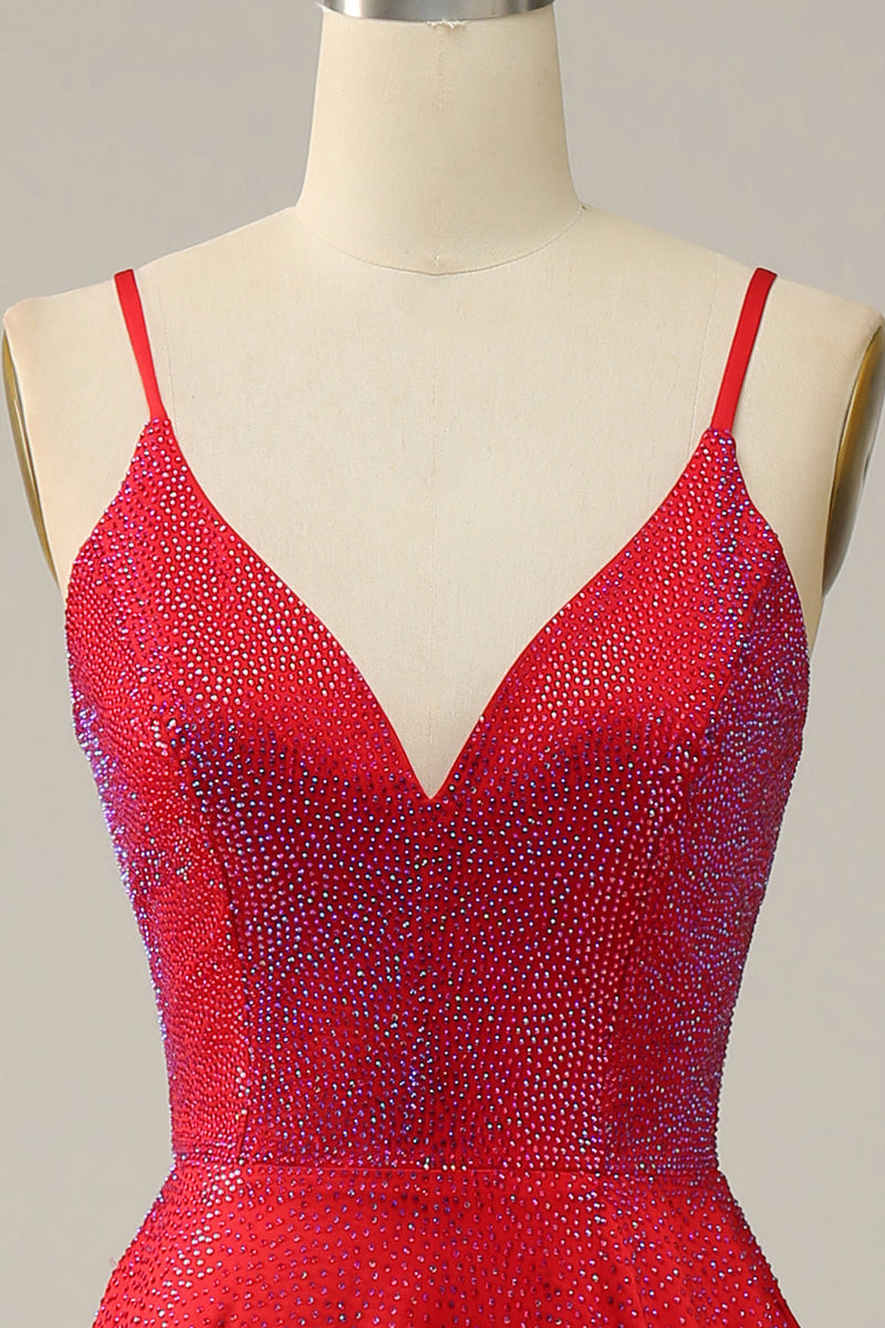 Charger l&#39;image dans la galerie, Une ligne Bretelles Spaghetti Rouge Perles Robe de Soirée Longue