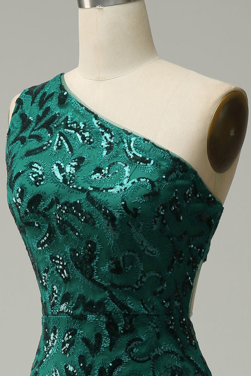 Charger l&#39;image dans la galerie, Sirène Une épaule Paillettes vert foncé Robe longue de Soirée avec front fendu