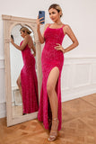 Hot Pink Spaghetti Straps Sequin Prom Robe de bal