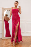 Hot Pink Spaghetti Straps Sequin Prom Robe de bal