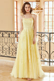 Magnifique A Line Spaghetti Straps Yellow Long Prom Robe avec Appliques