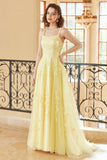 Magnifique A Line Spaghetti Straps Yellow Long Prom Robe avec Appliques