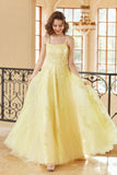 Magnifique A Line Spaghetti Straps Yellow Long Prom Robe avec Appliques