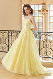 Magnifique A Line Spaghetti Straps Yellow Long Prom Robe avec Appliques