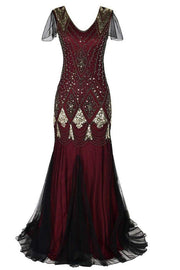 Robe bordeaux années 1920 col en V à paillettes