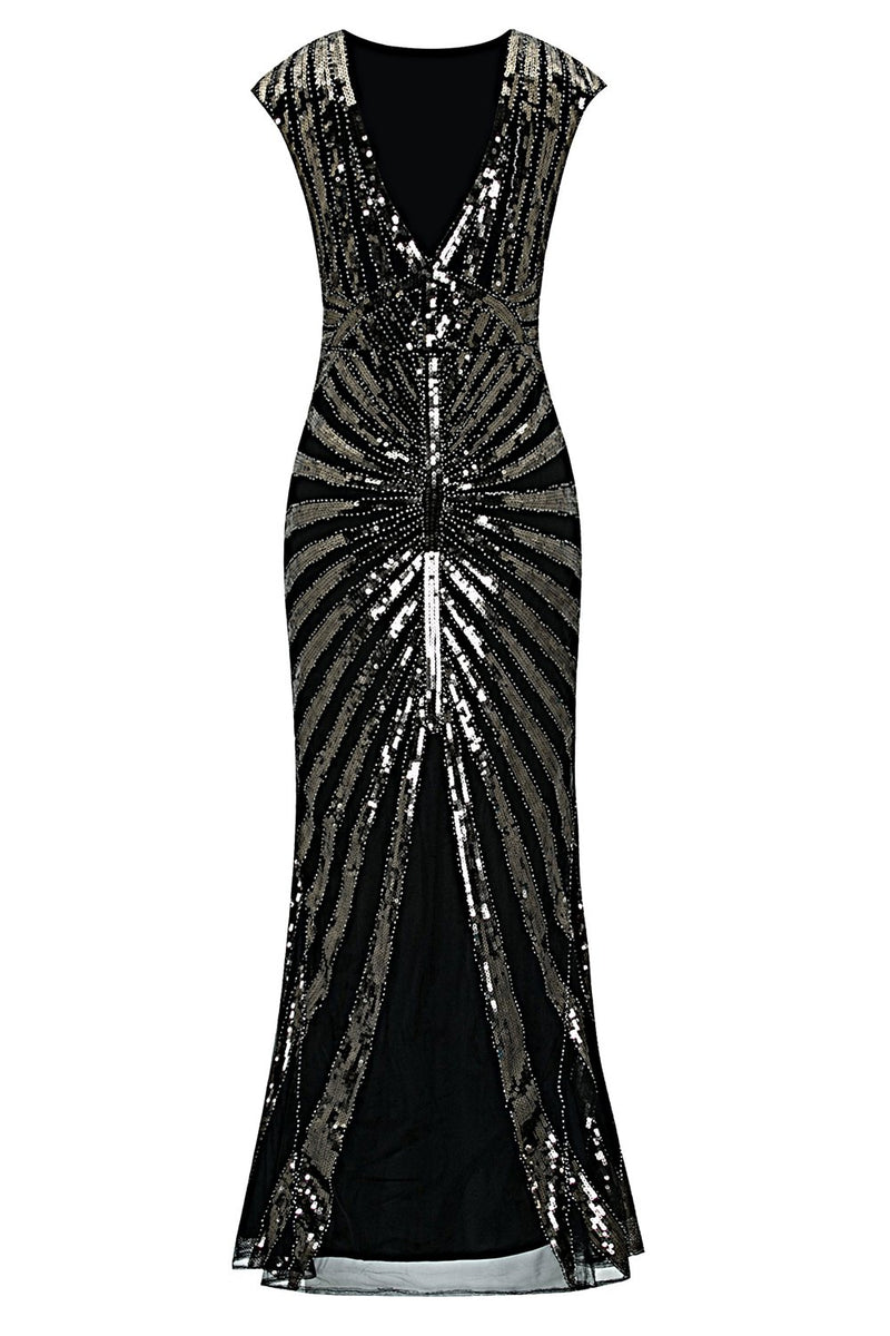 Charger l&#39;image dans la galerie, Robe Sirène Noire Année 1920 Gatsby Flapper avec paillette