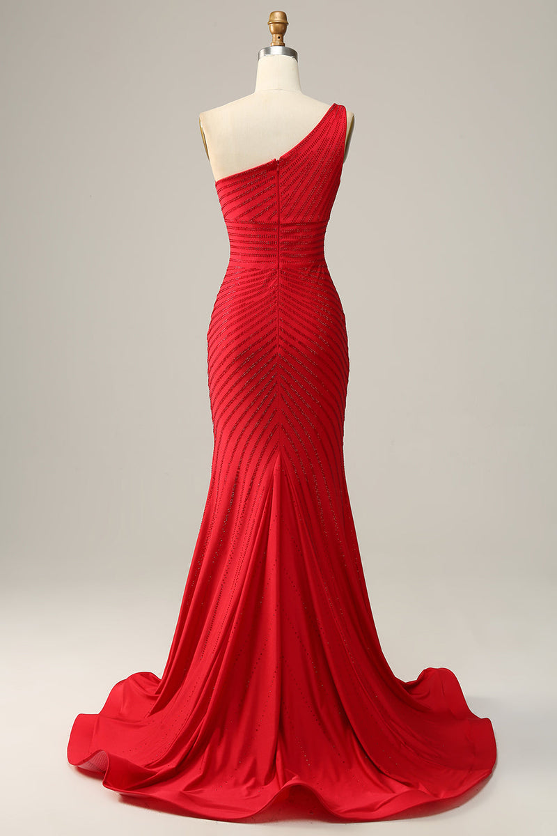 Charger l&#39;image dans la galerie, Sirène une épaule rouge longue robe de soirée avec perles
