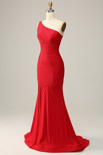 Sirène une épaule rouge longue robe de soirée avec perles