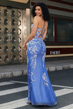 Robe de soirée longue longue bleu clair à col en V sirène tendance avec fente appliques