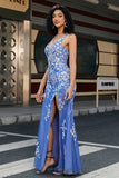 Robe de soirée longue longue bleu clair à col en V sirène tendance avec fente appliques