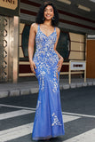 Robe de soirée longue longue bleu clair à col en V sirène tendance avec fente appliques