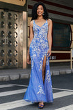 Robe de soirée longue longue bleu clair à col en V sirène tendance avec fente appliques