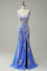 Charger l&#39;image dans la galerie, Mermaid V Neck Light Blue Long Prom Robe avec Appliques Perles