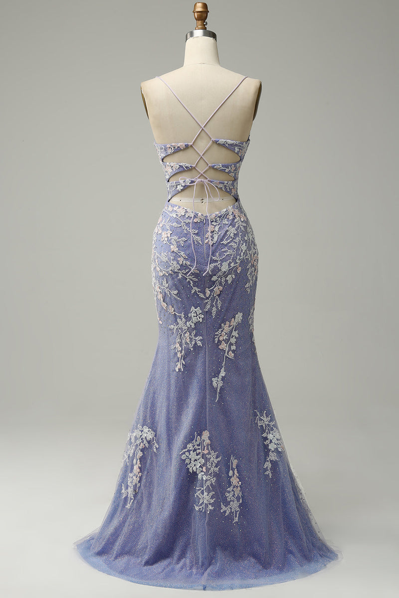Charger l&#39;image dans la galerie, Mermaid V Neck Light Blue Long Prom Robe avec Appliques Perles