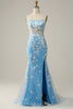 Charger l&#39;image dans la galerie, Sirène Bretelles Spaghetti Bleu Longue Robe De Soirée avec appliques