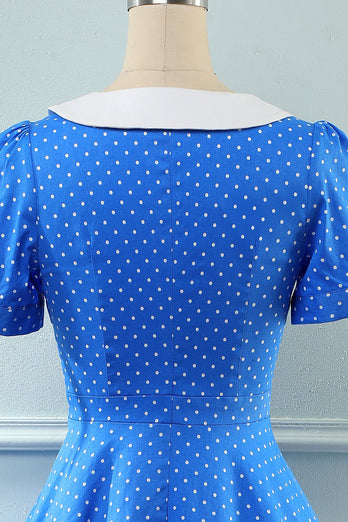 Vintage Blue Polka Dots Robe des années 1950