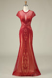 Magnifique sirène bijou cou Bourgogne robe de bal avec perles