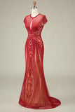 Magnifique sirène bijou cou Bourgogne robe de bal avec perles