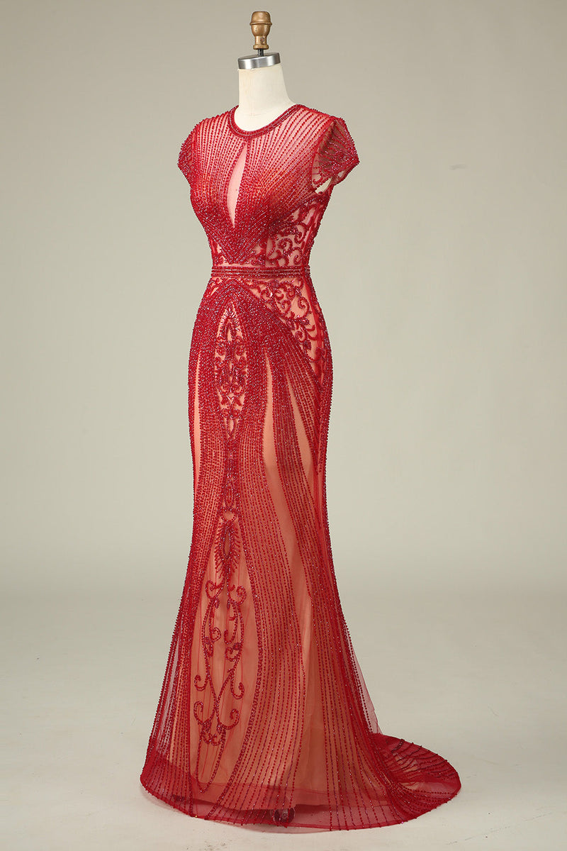Charger l&#39;image dans la galerie, Luxueuse sirène bijou cou Champagne robe de Soirée avec perles