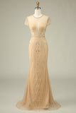 Luxueuse sirène bijou cou Champagne robe de Soirée avec perles