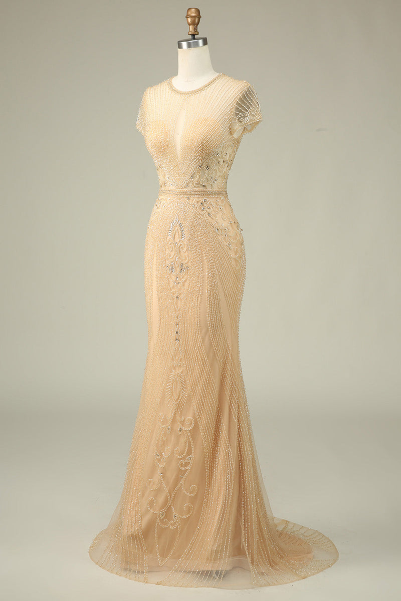 Charger l&#39;image dans la galerie, Magnifique sirène bijou cou Bourgogne robe de bal avec perles