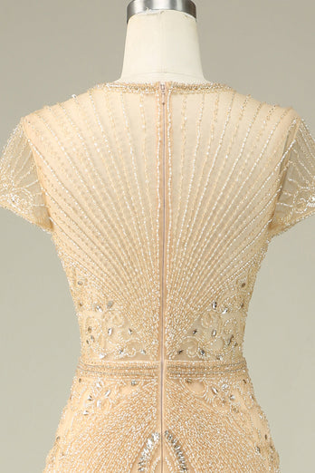 Luxueuse sirène bijou cou Champagne robe de Soirée avec perles