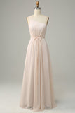 Une épaule sans manches Champagne Long Bridesmaid Robe