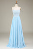 Charger l&#39;image dans la galerie, Bleu ciel A-ligne Spaghetti Bretelles Mousseline de soie Longue robe de demoiselle d’honneur avec perles