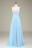 Bleu ciel A-ligne Spaghetti Bretelles Mousseline de soie Longue robe de demoiselle d’honneur avec perles