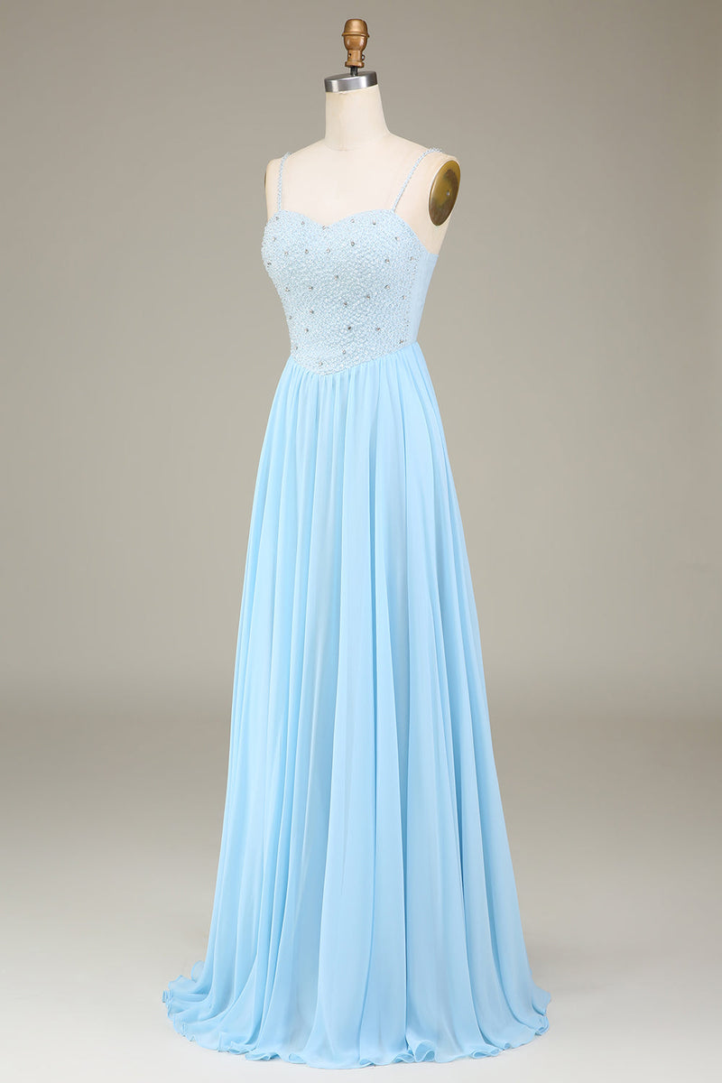 Charger l&#39;image dans la galerie, Bleu ciel A-ligne Spaghetti Bretelles Mousseline de soie Longue robe de demoiselle d’honneur avec perles