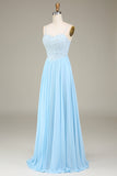 Bleu ciel A-ligne Spaghetti Bretelles Mousseline de soie Longue robe de demoiselle d’honneur avec perles