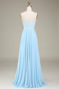 Bleu ciel A-ligne Spaghetti Bretelles Mousseline de soie Longue robe de demoiselle d’honneur avec perles
