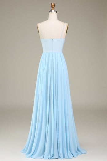 Bleu ciel A-ligne Spaghetti Bretelles Mousseline de soie Longue robe de demoiselle d’honneur avec perles