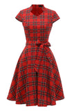 Robe Plaid Vintage Plus Rouge avec Nœud Papillon