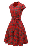 Robe Plaid Vintage Plus Rouge avec Nœud Papillon