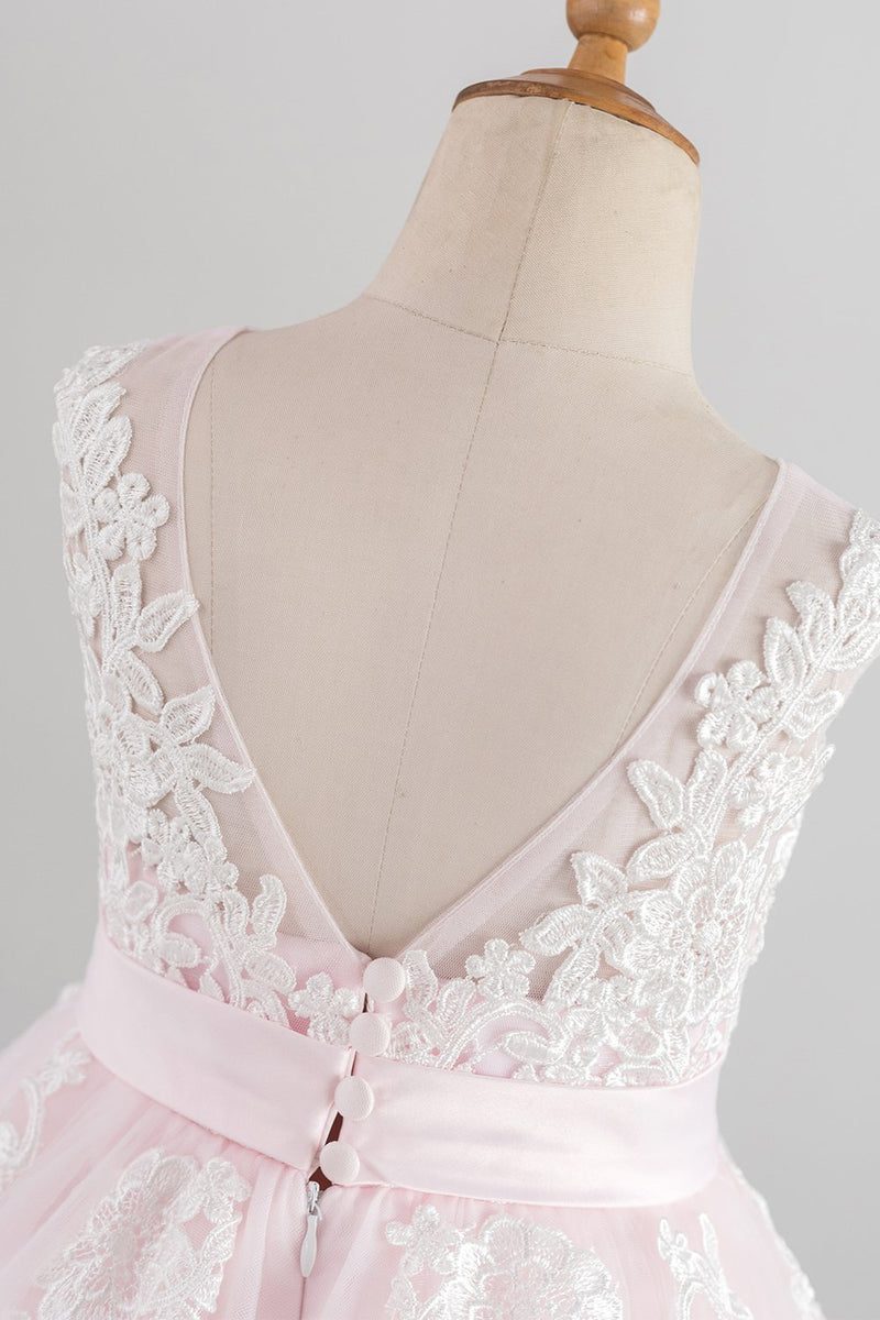 Charger l&#39;image dans la galerie, Robe de fille à fleurs rose pâle avec appliques