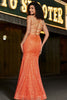 Charger l&#39;image dans la galerie, Robe de soirée scintillante à bretelles spaghetti à bretelles orange paillettes avec fente sur le devant