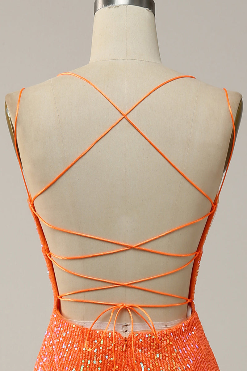 Charger l&#39;image dans la galerie, Sirène Bretelles Spaghetti Orange Paillettes Robe de Soirée avec Split Front